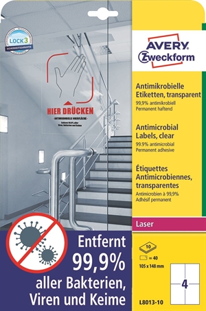 Avery Antimicrobial naklejki 105 x 148 mm transparentne, 40 szt.